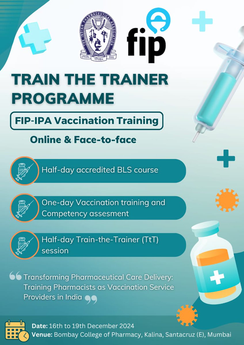 The <a href="/FIP_AcPS/">FIP Academic Section</a>, <a href="/FIP_CPS/">FIP CPS</a> &amp; #IndianPharmaceuticalAssociation project to empower pharmacists in India to vaccinate, culminated on the 19th of December 2024 with training of 40 more student/educator/practising/medicines information pharmacists as vaccination trainers. 
<a href="/FIP_org/">FIP</a>
