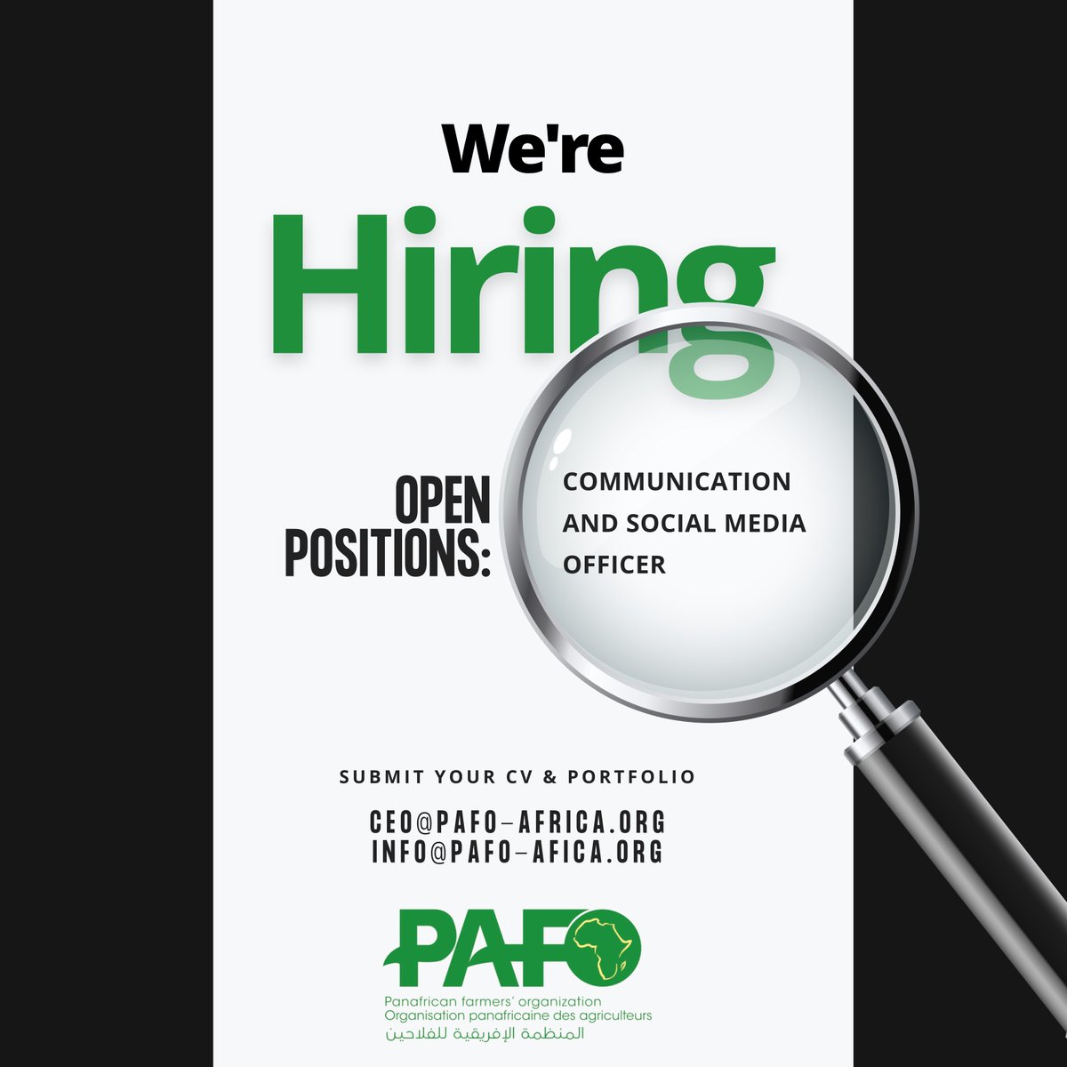 Job Description: Full-Time Bilingual Communications and social media officer.
 Location: Kigali City, Rwanda
 Organization: Panafrican Farmers Organisation (PAFO)
Deadline: 3rd January 2025
For more info: docs.google.com/document/d/1qa…