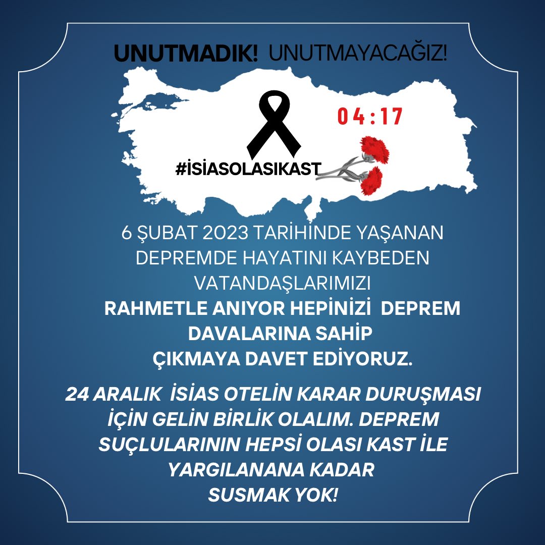 Bütün deprem suçluları OLASI KAST ile yargılanakadar SUSMAK YOK! 
UNUTMADIK!
UNUTMAYACAĞIZ!
#isiasolasıkast 
#isiasortakdavamız