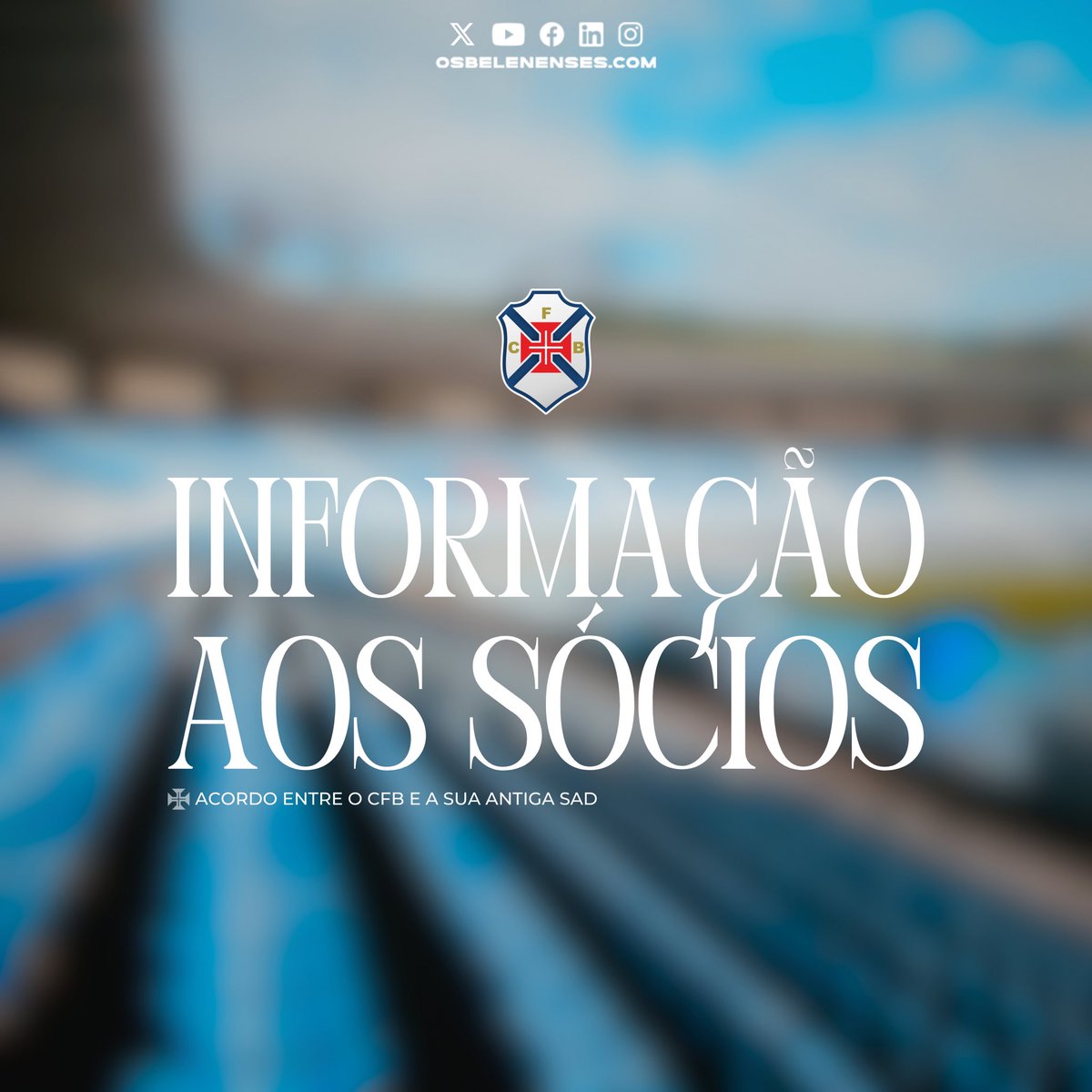 CFosBelenenses's tweet photo. 🔵 𝐂𝐨𝐦𝐮𝐧𝐢𝐜𝐚𝐝𝐨: Acordo entre Clube de Futebol “Os #Belenenses” e a sua antiga Sociedade Anónima Desportiva (SAD)
👉 Consulta em https://t.co/mrBd56YnsH #tweetpastel https://t.co/zHbUoyLvg6