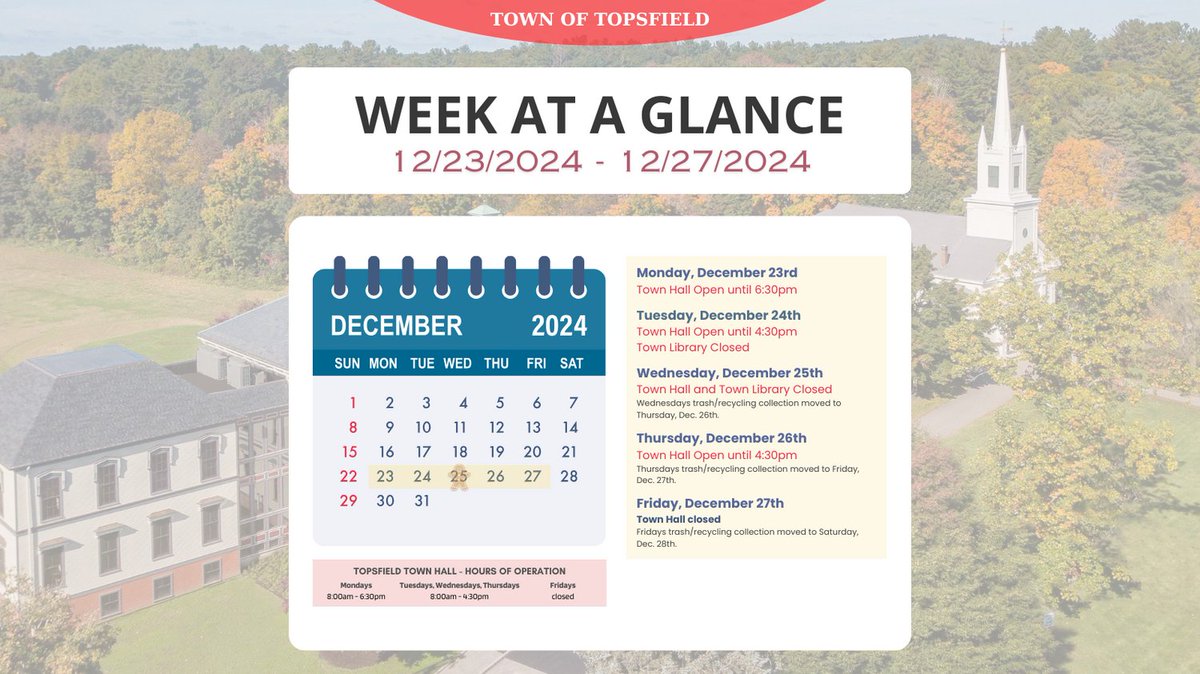 townoftopsfield's tweet photo. Meetings & Events in Topsfield, week of 12/23/24.
See all meeting and event details at https://t.co/5tVuB3UcNz.
Town Library calendar: https://t.co/5ZeeJnNEh3.
COA calendar: https://t.co/VWYaoEmUYK
#townoftopsfield #topsfieldma https://t.co/APHy9d13nC