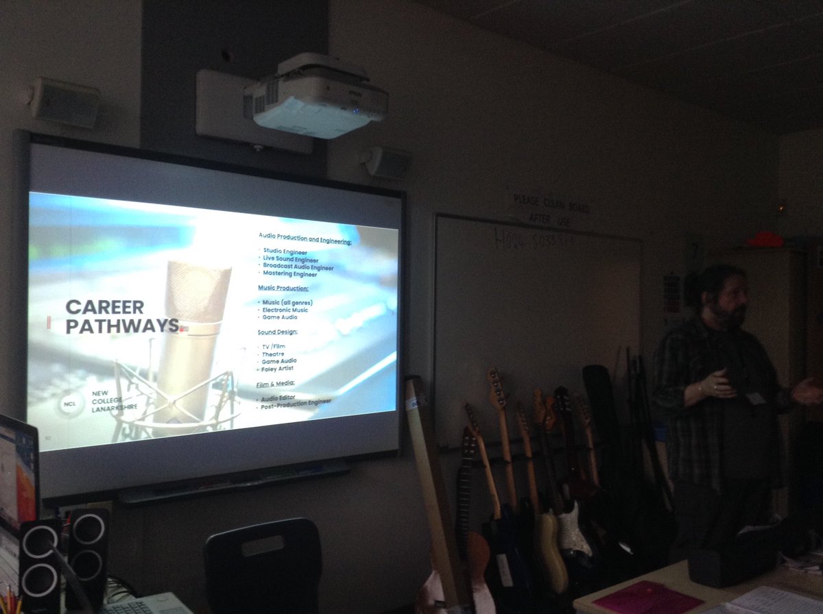 DYWChrystonHigh's tweet photo. A big thank you to James from @NCLanarkshire for coming in earlier this month to speak to our Music Technology cohort about career pathways into sound production and skills development within the college courses. #Ambition #Careers @CHS_Chryston https://t.co/9gi3M7Zw9P