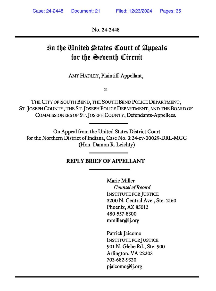 pjaicomo's tweet image. And today, @IJ filed the reply in our THIRD #WrongHouseRaid case: Hadley v. South Bend. 

Unlike Jimerson (#QualifiedImmunity) &amp;amp; Martin (#SovereignImmunity), Hadley is a #Takings case in the 7 Cir.  

SWAT destroyed Amy's house, and their employer(s) refused to pay compensation: