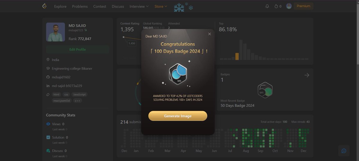 EcbSajid89184's tweet image. 💯 Days of coding grind unlocked! 📷 Just earned the coveted 100-day completion badge on LeetCode! 📷📷  #LeetCode100Days #AchievementUnlocked #LeetCode #DSA