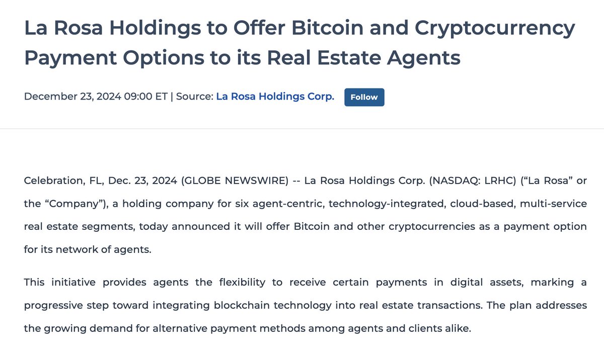 JUST IN: Publicly traded La Rosa Holdings Corp. now accepts #bitcoin as a  payment option for its real estate agents.