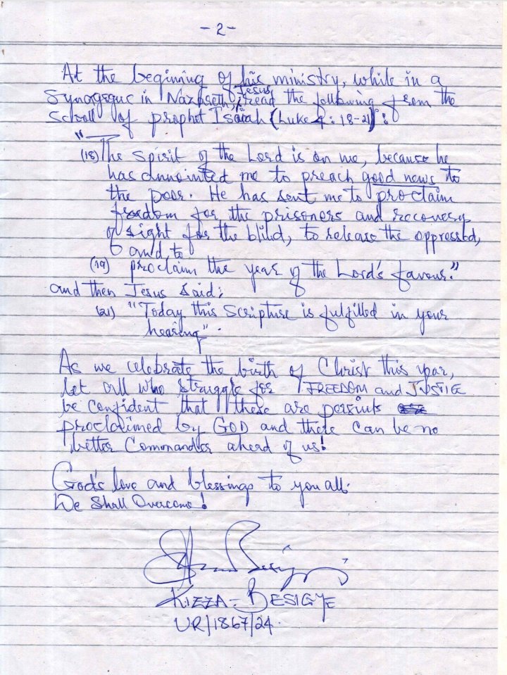 #DEUpdates 

<a href="/kizzabesigye1/">Kifefe Kizza-Besigye</a>, currently remanded at Luzira Prisons, has sent a Christmas message to Ugandans.

The handwritten letter was delivered by People's Front for Freedom (PFF) members who visited him at Luzira Upper Prisons on December 23, 2024.