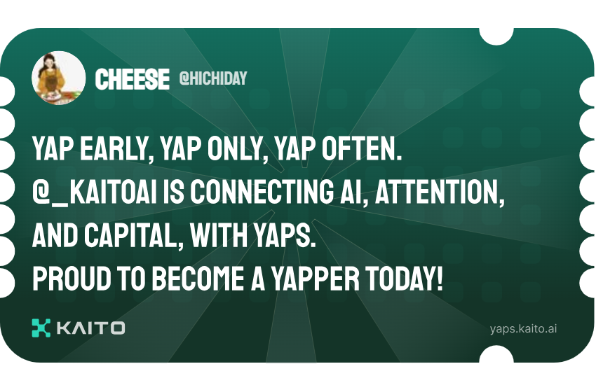 hiChiday's tweet photo. YAP EARLY, YAP ONLY, YAP OFTEN.
@_kaitoai IS CONNECTING Al, ATTENTION,
AND CAPITAL, WITH YAPS.
PROUD TO BECOME A YAPPER TODAY!
Ae nào VN chưa làm thì ủng hộ e 1 ref nhé
Kèo này ai có tick xanh nên cày mạnh
⚔️https://t.co/swxx0xSr46 https://t.co/lL6HmGmhW1