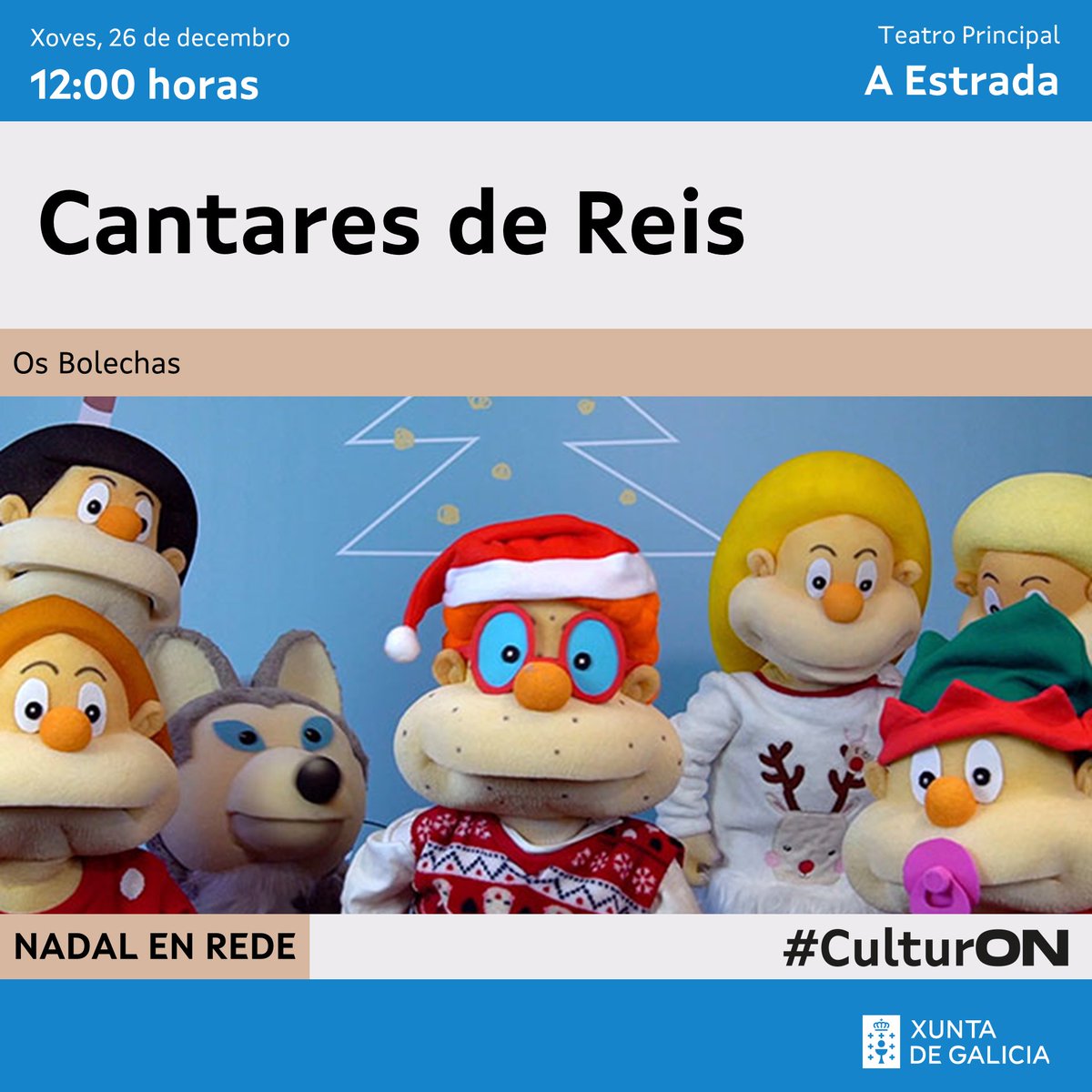 Despois da celebración de Nadal, chega a quenda dun plan de interese cultural para gozar en familia!

👑 Os Bolechas visitarán hoxe o Teatro Principal da Estrada cos seus 'Cantares de Reis'

ℹ️ Máis ideas na axenda
cultura.gal/gl/axenda
#CulturON