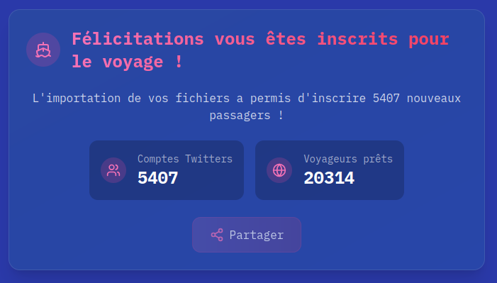 David Chavalarias (@chavalarias) on Twitter photo 🔥L'#eXode de X est massif ! Ne perdez pas un seul de vos followers. Grâce à <a href="/HelloQuitX/">HelloQuitX</a> j'ai inscrit 5407 nouveaux passagers pour un voyage vers #BlueSky & #Mastodon. Embarquez vous aussi et retrouvez automatiquement vos communautés le #20Janvier app.beta.helloquitx.com
<a href="/CNRS/">CNRS 🌍</a> 🔥L'#eXode de X est massif ! Ne perdez pas un seul de vos followers. Grâce à <a href="/HelloQuitX/">HelloQuitX</a> j'ai inscrit 5407 nouveaux passagers pour un voyage vers #BlueSky & #Mastodon. Embarquez vous aussi et retrouvez automatiquement vos communautés le #20Janvier app.beta.helloquitx.com
<a href="/CNRS/">CNRS 🌍</a>
