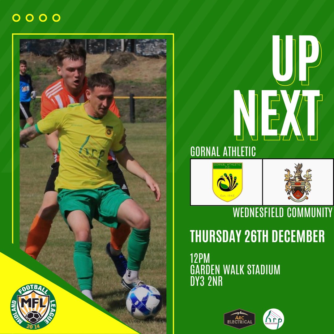 UP NEXT

We have some Boxing Day football at Garden Walk when we host Wednesfield 

Midday kick off for this one with Bar &amp; food open from 10:30am