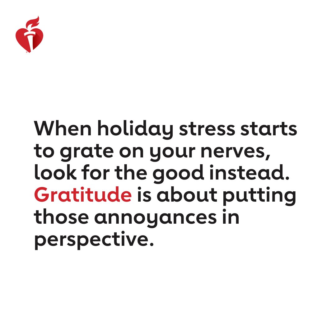 American_Heart's tweet photo. Turn stress on its head with gratitude. Not only does gratitude lessen anxiety and depression, it can also reduce inflammation, lower blood pressure, improve sleep and even slow down brain aging.

How do you choose gratitude? https://t.co/oNpzQRFkOz