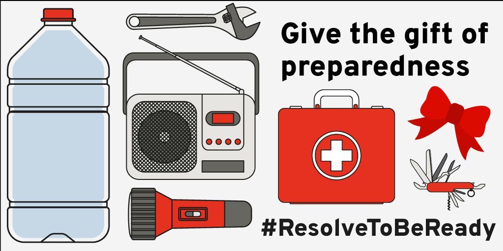 Looking for a last-minute holiday gift? Preparedness items come in all shapes and sizes, from emergency water containers to first aid kits. Give the gift of preparedness now to be ready all year-round. Start with this list: publicalerts.org/supplies #ResolveToBeReady