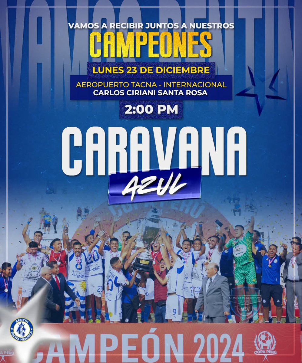 radiouno_pe's tweet image. ⚽️🏆#BentinTacnaHeroica trae la #CopaPerú a casa

Acompaña este lunes 23 de diciembre al campeón con la #CaravaAzul que partirá desde las 2:00 p. m. del aeropuerto Carlos Ciriani con dirección al centro cívico.