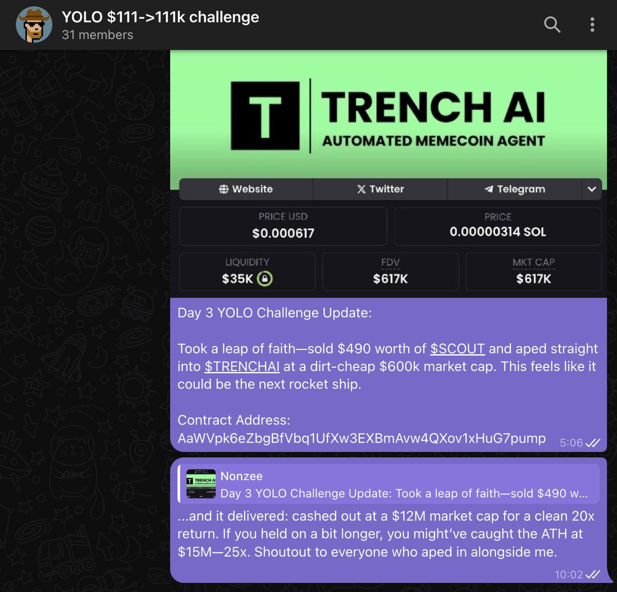 0xNonceSense's tweet photo. $11 → $111k YOLO challenge update:

Day 3:

Bought $TRENCHAI at a $600K market cap and sold at $12M—a solid 20X return.

Many challenge group members hit the $15M peak, securing a massive 25X. Congratulations to everyone who acted quickly and locked in those gains.

This is just the beginning. The challenge is gaining momentum, and the next significant opportunity is approaching.

To participate:

• Like, retweet, and comment below.
• Follow me, and I will send you the link.

Opportunities like this are fleeting. My followers are always first in line.