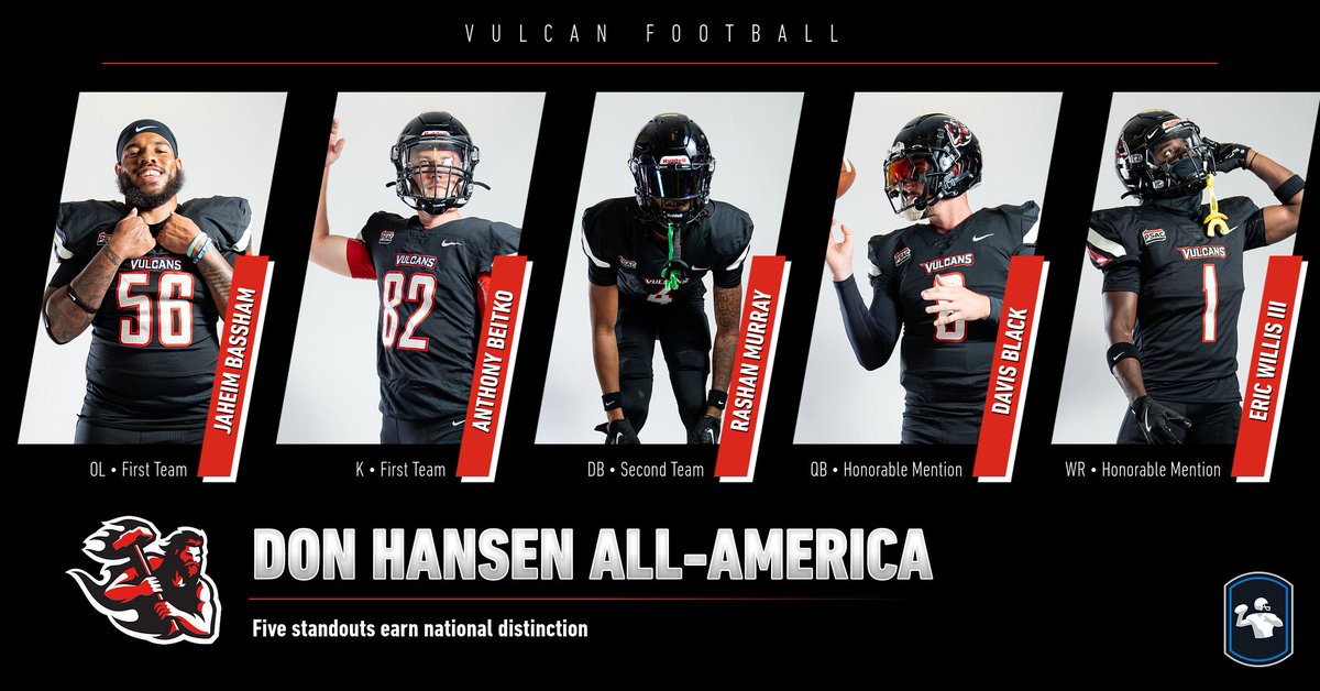 FB: Five Vulcans lauded by Don Hansen Football Committee with All-America status

Bassham garners fourth A-A accolade this fall, Beitko recognized by organization for third time

🔗 tinyurl.com/yst3jbjz