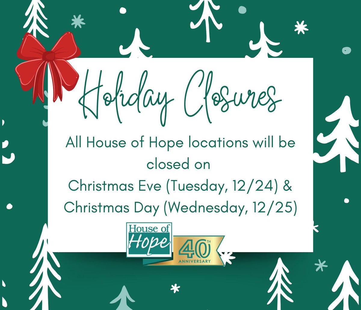 Wishing you and your loved ones a holiday season filled with peace, love, and HOPE! 🎄

All House of Hope locations will be closed on 12/24 &amp; 12/25.
The Golden Gate &amp; KinDoo Family Centers for Enrichment will be closed from 12/23-12/27.