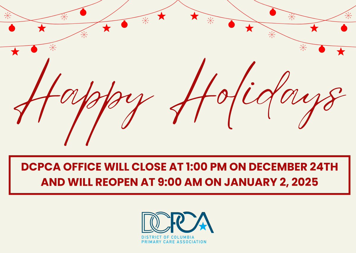 DCPCA's tweet image. We wish you a wonderful holiday season and a happy New Year! The DCPCA office will close at 1:00 PM on Tuesday, December 24th. We will not re-open until January 2, 2025. #DCPCA