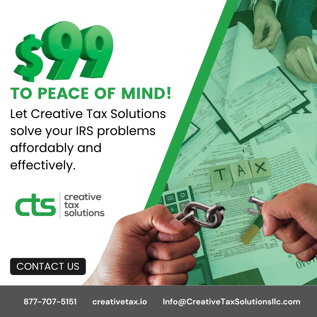 CreativeTax's tweet photo. For just $99, you can start your journey toward financial peace of mind. 

Don’t let IRS issues overwhelm you—our team is here to offer affordable, effective solutions that bring clarity and control back to your life.

Take the first step today and leave the stress behind. 💡💸💼 https://t.co/Ejc6ombtNY