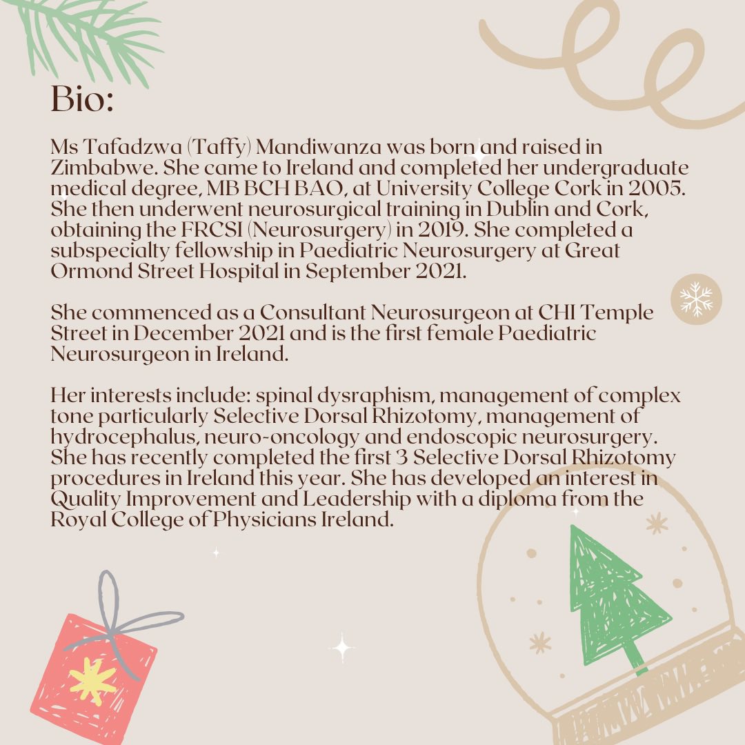 AWSIreland's tweet photo. 🎄 The 12 Stars of Christmas – Day 7 🎄

🌟 Christmas Star: Ms Tafadzwa (Taffy) Mandiwanza 🌟

Today we celebrate Ms Tafadzwa Mandiwanza, Consultant Neurosurgeon at CHI Temple Street as nominated by publications chair, Lena Dablouk! https://t.co/ehuixOF8Cb