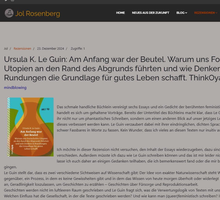 JolRosenberg's tweet photo. Das Phantastik-Altmeisterin Ursula K. Le Guin zum Thema Utopien eine Menge zu sagen hat, ist nicht neu. Dass so viel davon heute noch hochaktuell ist, erstaunt mich aber immer wieder. https://t.co/nfrZv20HuD
#buchblog #buchblogger
#lesenlesenlesen #lesetipp #utopien #essays https://t.co/xpmZwkdozR