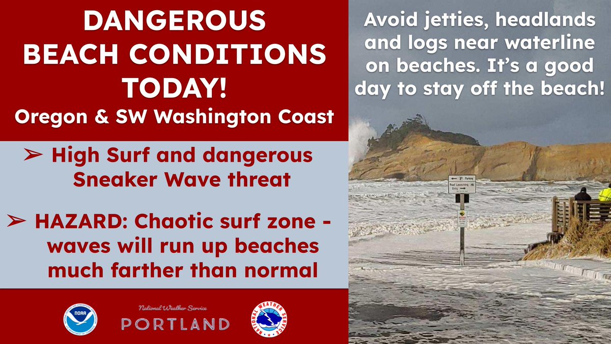 NWSPortland's tweet photo. This will likely go down as some of the highest surf this winter, and that means dangerous conditions on OR & SW WA beaches today. Your best bet is to keep a safe distance from beaches and jetties. #orwx #wawx #SneakerWaves #BeachSafety #pdxtst https://t.co/TwxkAM5IHt