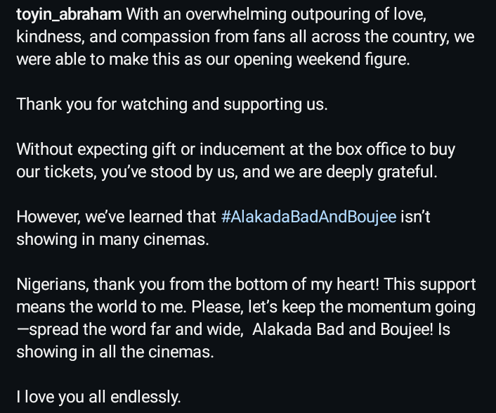 MikiGist's tweet photo. "Without expecting gift or inducement at the box office to buy our tickets"

Toyin Abraham sparks controversy with her new post on Instagram. https://t.co/0cDmGpkSas