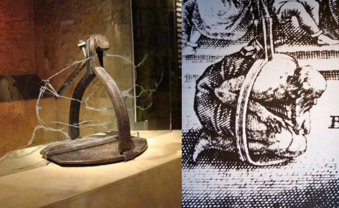 6. La hija del carroñero, un instrumento de tortura del siglo XVI, comprimía a las víctimas en un marco con forma de A. A medida que se apretaba, la presión causaba un dolor intenso y a menudo provocaba sangrado de oídos y nariz.