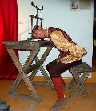 14. El triturador de cabezas funcionaba aumentando lentamente la presión sobre el cráneo de la víctima a través de una rueda giratoria. Al principio, los dientes de la víctima se introducían a la fuerza en la mandíbula; si se giraba más, los globos oculares salían disparados y se