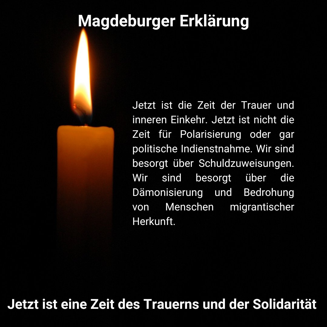 Anlässlich der erschütternden Ereignissen auf dem Magdeburger Weihnachtsmarkt rufen <a href="/MiteinanderLSA/">Miteinander e.V.</a>, <a href="/BgRMagdeburg/">Bündnis gegen Rechts Magdeburg</a> , @DGBSAN u.a. gemeinsam dazu auf die grausame Tat nicht zu instrumentalisieren. Magdeburger Erklärung: miteinander-ev.de/2024/12/22/jet…