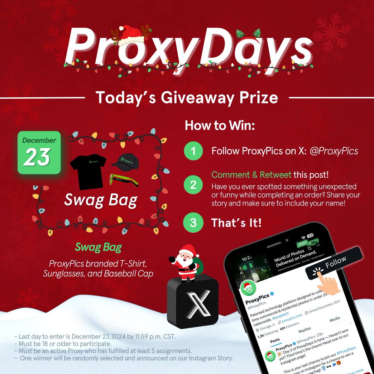 ProxyPics's tweet photo. 🎉 Missed your chance to win yesterday? Try again today for a chance to win a ProxyPics Swag Bag! 🧢👕🕶️

Day 6 of #ProxyDays is here, and it’s your final chance to enter before we switch things up tomorrow. 

Yesterday’s stories had us laughing so much, and we’re excited to keep them going! 

💬 How to Enter:
1️⃣ Follow ProxyPics on X. (@ProxyPics)
2️⃣ Retweet the post to spread the cheer!
3️⃣Comment: What’s the funniest or most unexpected thing you’ve seen while completing an order? (Include your full name in your comment. )
4️⃣ That's it!

✨ While the giveaway picker is random, we’re reading every single entry, and your stories are keeping us inspired and entertained. ❤️ Don’t be discouraged if you don’t win — we’ve got more surprises in store even after ProxyDays! 😉

#ProxyPics #ProxyDays #HolidayGiveaway #CountdownToChristmas 🎄🎁