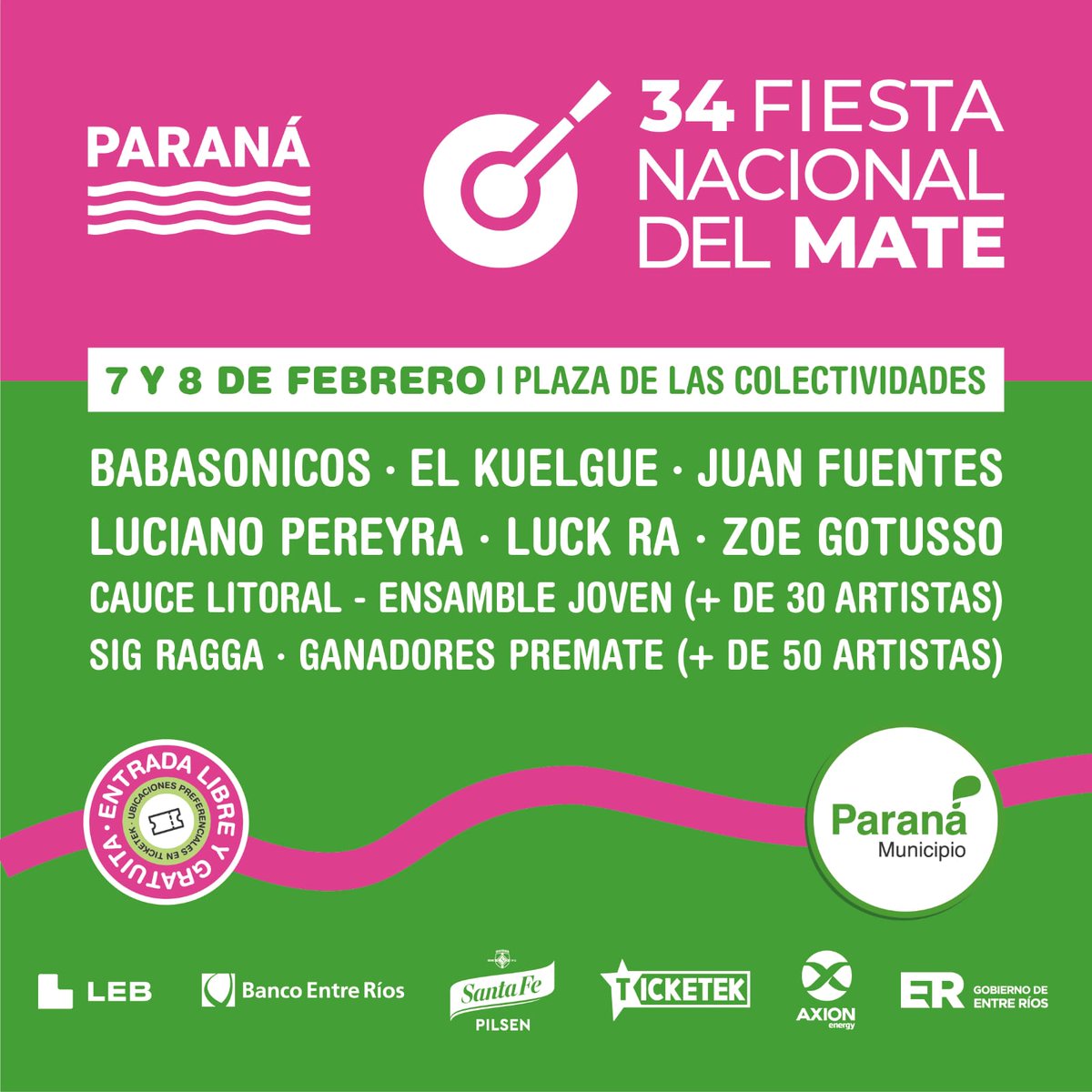 ¡Preparate para la fiesta más paranaense de todas! 🎉✨

🔊Conocé a los artistas que van a estar en la 34° edición.

El 7 y 8 de febrero, Paraná se llena de música en la Fiesta Nacional del Mate 🧉

¡No te lo podés perder! 🎉