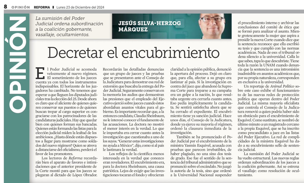 ⚠️ La verdadera mafia del poder en la <a href="/SCJN/">Suprema Corte</a> se dio por relevos: comenzó con <a href="/ArturoZaldivarL/">Arturo Zaldívar</a> y continuó con <a href="/YasminEsquivel_/">Yasmín Esquivel Mossa</a>. Son un asco. 

No se pierdan el texto de <a href="/jshm00/">Jesús Silva-Herzog M</a> en <a href="/Reforma/">REFORMA</a>