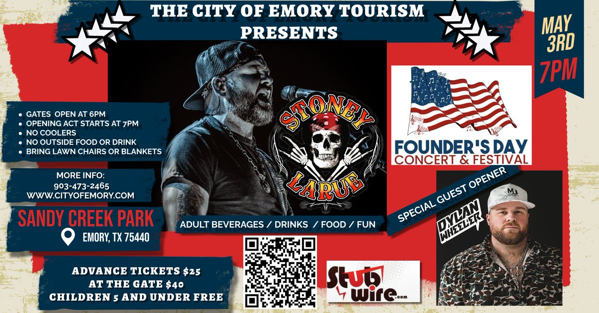 cbevill's tweet photo. @stoneylarue will headline 2025 Emory Founders Day Festival May 3. Advance Tickets On Sale Now via https://t.co/GThJvkI2V2 Scan the QR Code for more details. Presented by The City of Emory -Tourism https://t.co/XH4SFZHhS9
