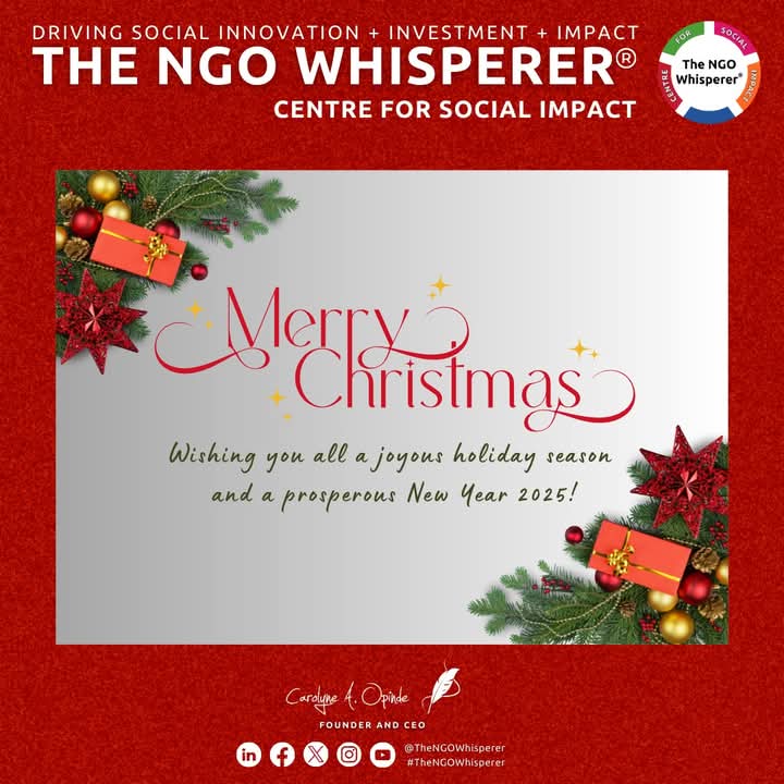 As the joyous bells of Christmas ring and the promise of a New Year beckons, our hearts overflow with profound gratitude for your unwavering support. Wishing you all a joyous holiday season and a prosperous New Year 2025🎄.
~
<a href="/CarolyneAOpinde/">Carolyne A. Opinde Dr.h.c. MSc. MAPM</a> 
<a href="/TheNGOWhisperer/">The NGO Whisperer® Centre For Social Impact</a> 
#MerryChristmas