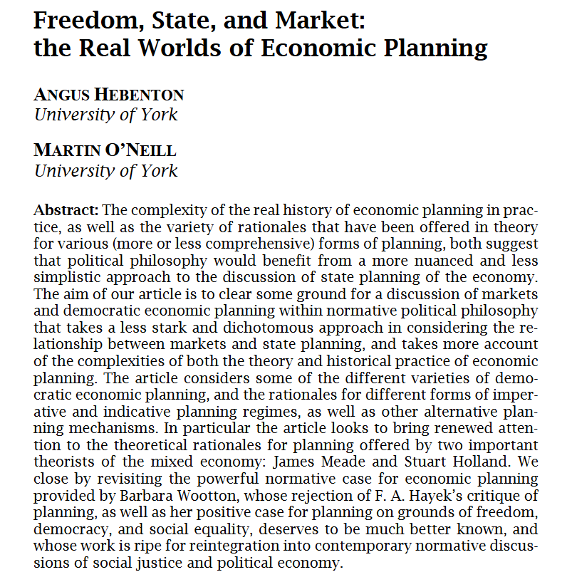 ErasmusJPE's tweet image. Up next is 'Freedom, State, and Market: the Real Worlds of Economic Planning' by Angus Hebenton and Martin O'Neill (@martin_oneill): ejpe.org/journal/articl…