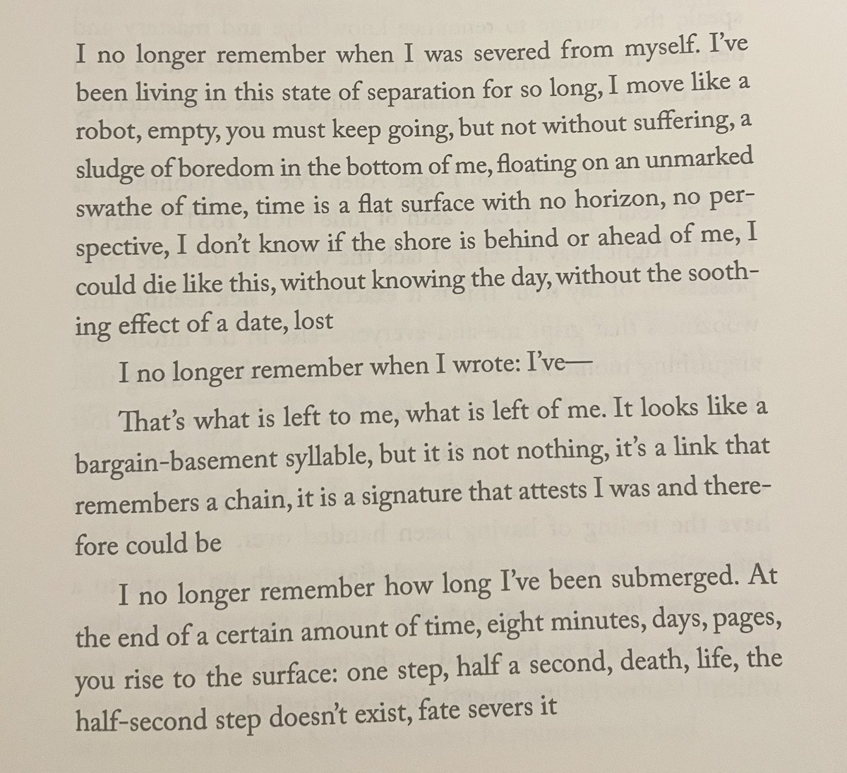 “I no longer remember when I was severed from myself.”

Rêvoir, Hélène Cixous; tr. Beverley Bie Brahic