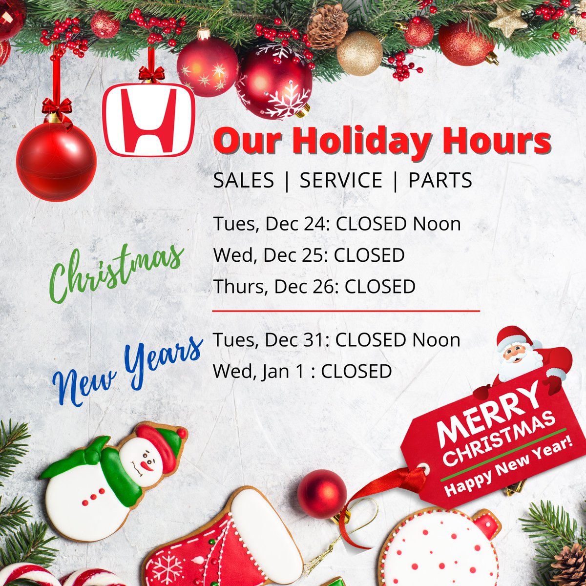 We wish everyone a wonderful holiday!

Holiday Hours:
🎄Tues, Dec 24: CLOSED @ Noon
🎄Wed, Dec 25: CLOSED
🎄Thurs, Dec 26: CLOSED

🎉Tues, Dec 31: CLOSED @ Noon
🎉Wed, Jan 1 : CLOSED

✅Shop for a vehicle &amp; book a service appointment online: stratfordhonda.ca