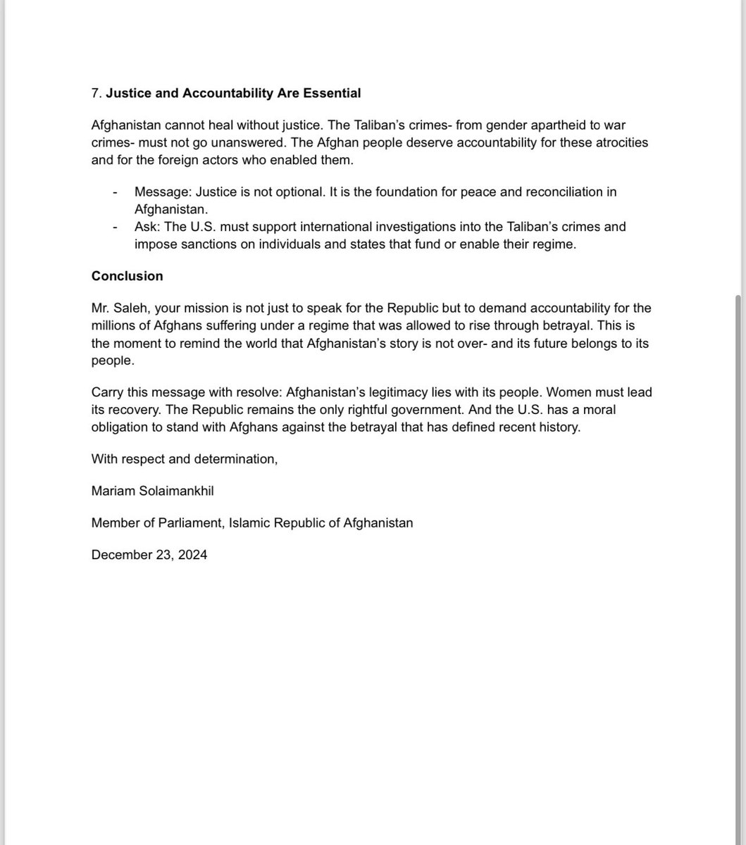 Mariamistan's tweet image. Vice President @AmrullahSaleh2, as you prepare for your trip to the U.S., this letter is a reminder of what Afghanistan stands for: legitimacy through the people, justice for the betrayed, and women leading the way forward. The future must be Afghan-led and free of foreign