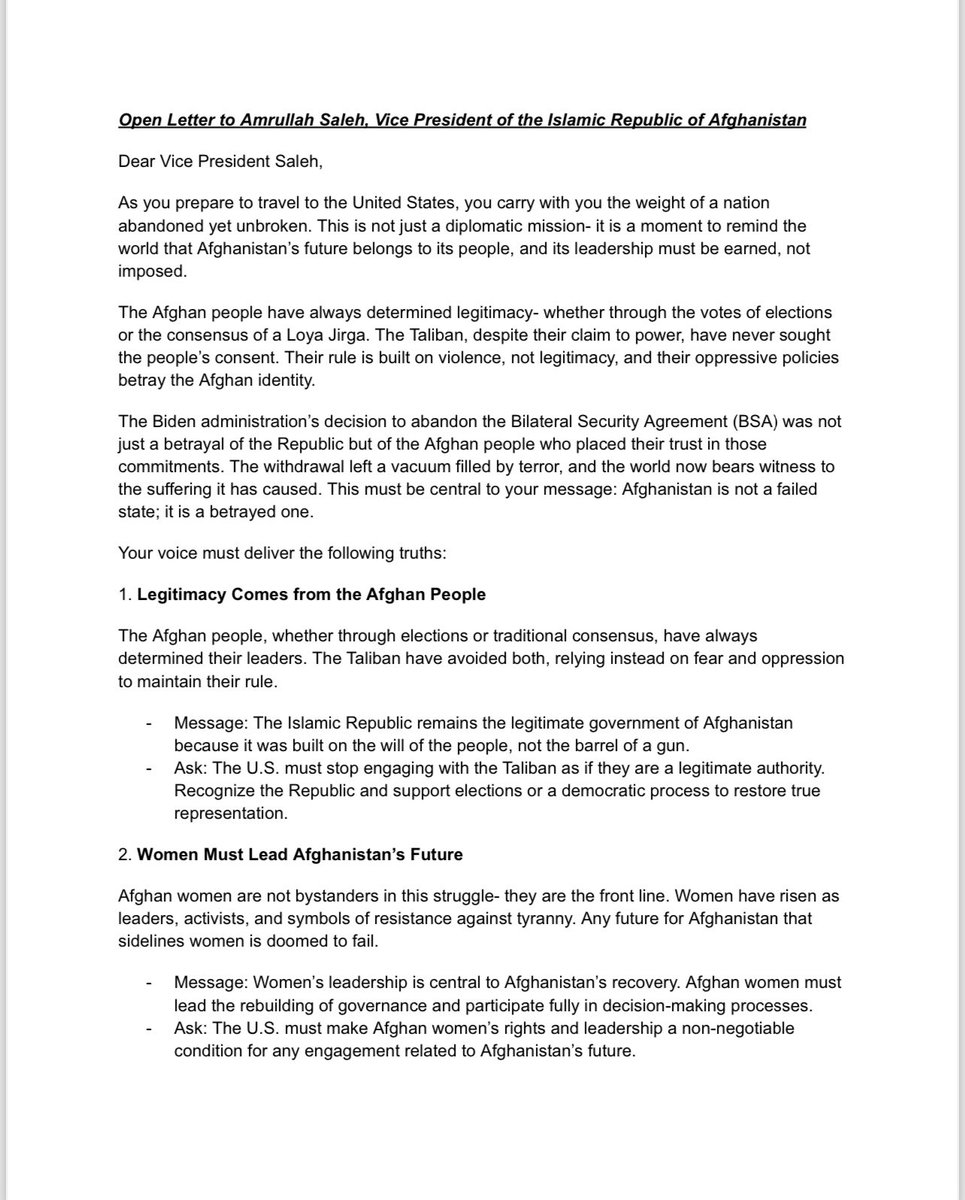 Mariamistan's tweet image. Vice President @AmrullahSaleh2, as you prepare for your trip to the U.S., this letter is a reminder of what Afghanistan stands for: legitimacy through the people, justice for the betrayed, and women leading the way forward. The future must be Afghan-led and free of foreign