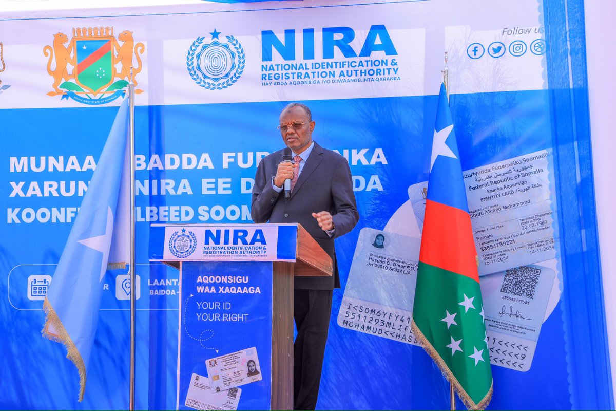 AbdiwaliAbdulle's tweet photo. Today, we officially launched NIRA's main branch in #Baidoa, South West State, thanks to the leadership of President H.E. @Laftagareen and the regional administration. NIRA is dedicated to expanding its services to all Federal Member States to better serve every citizen. https://t.co/17M7YPPran