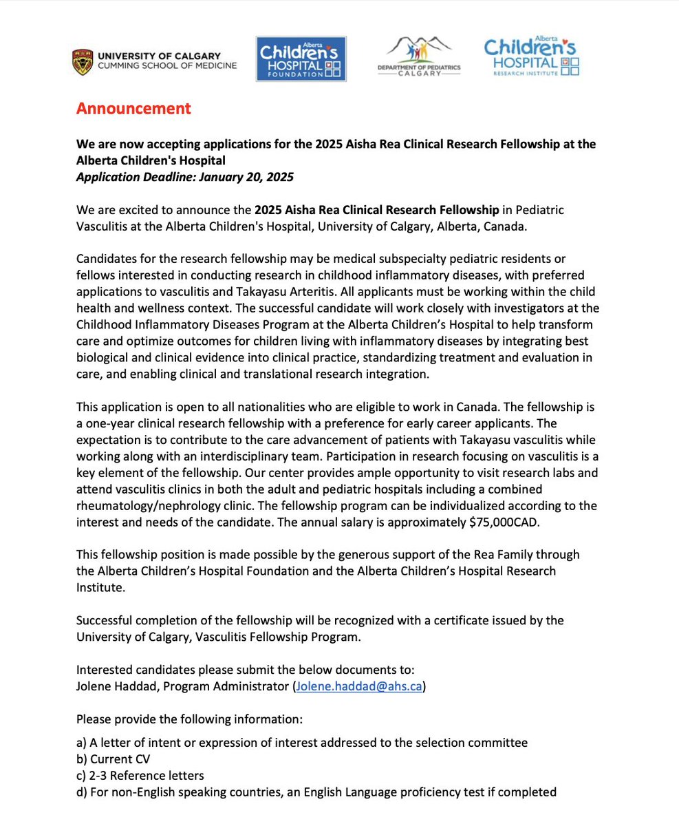 ACHRI (@uofcr4kids) on Twitter photo The Alberta Children's Hospital is now accepting applications for the 2025 Aisha Rae Clinical Research Fellowship. <a href="/AHS_media/">Alberta Health Services</a> <a href="/ACHFKids/">Alberta Children's Hospital Foundation</a> <a href="/UCalgaryPeds/">Department of Pediatrics</a> <a href="/UCalgary/">U Calgary</a> <a href="/UCalgaryMed/">UCalgaryMedicine</a> The Alberta Children's Hospital is now accepting applications for the 2025 Aisha Rae Clinical Research Fellowship. <a href="/AHS_media/">Alberta Health Services</a> <a href="/ACHFKids/">Alberta Children's Hospital Foundation</a> <a href="/UCalgaryPeds/">Department of Pediatrics</a> <a href="/UCalgary/">U Calgary</a> <a href="/UCalgaryMed/">UCalgaryMedicine</a>