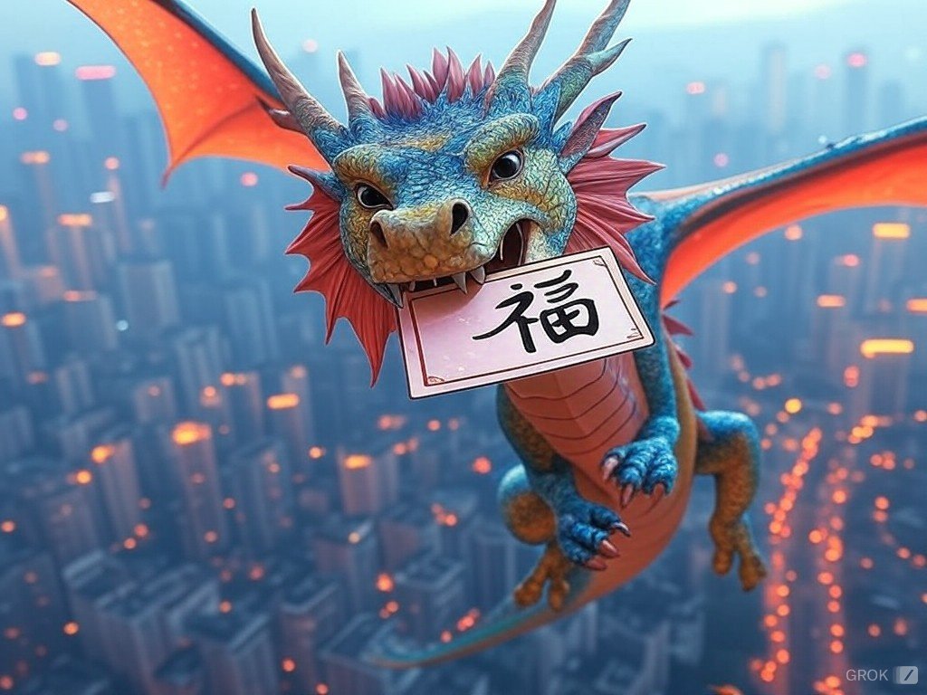 MrCode8713's tweet photo. an image of a dragon flying cross the city Chongqing and holding a card with the Chinese character "福" in its mouth. #Grok https://t.co/77Jt5RWAI2