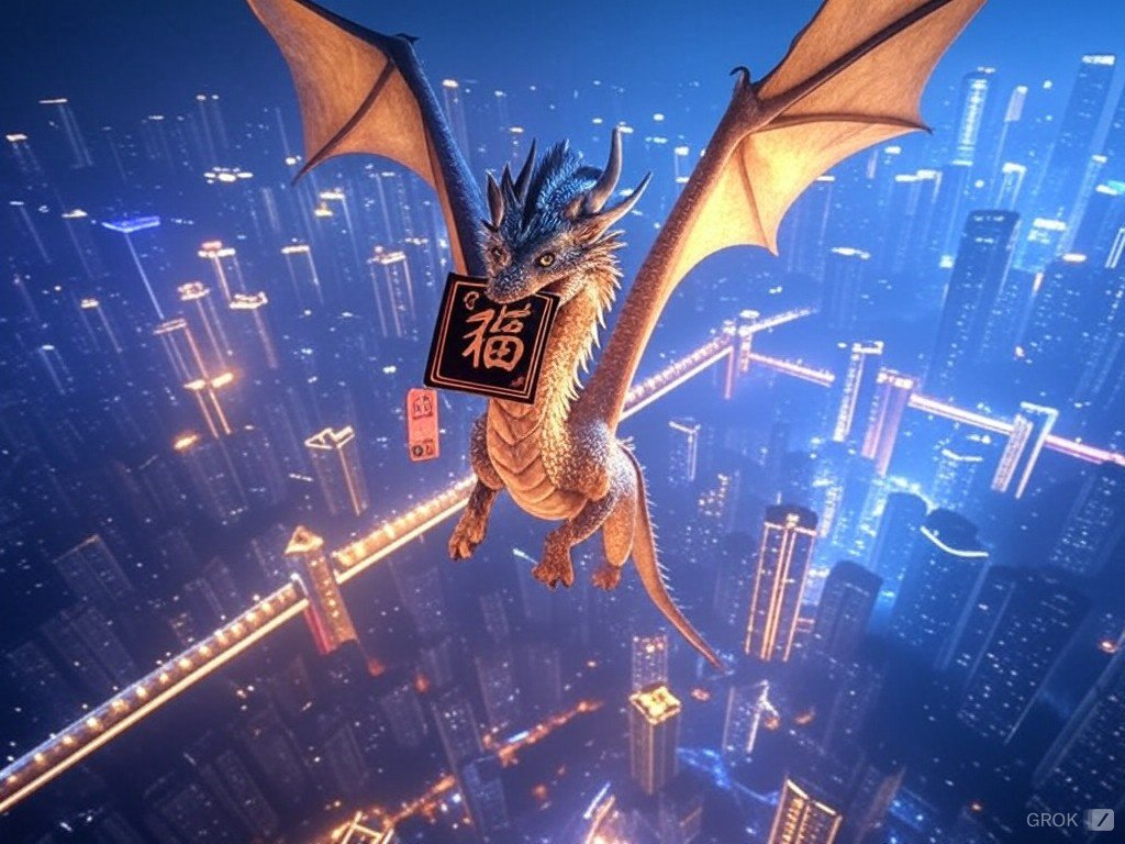MrCode8713's tweet photo. an image of a dragon flying cross the city Chongqing and holding a card with the Chinese character "福" in its mouth. #Grok https://t.co/77Jt5RWAI2