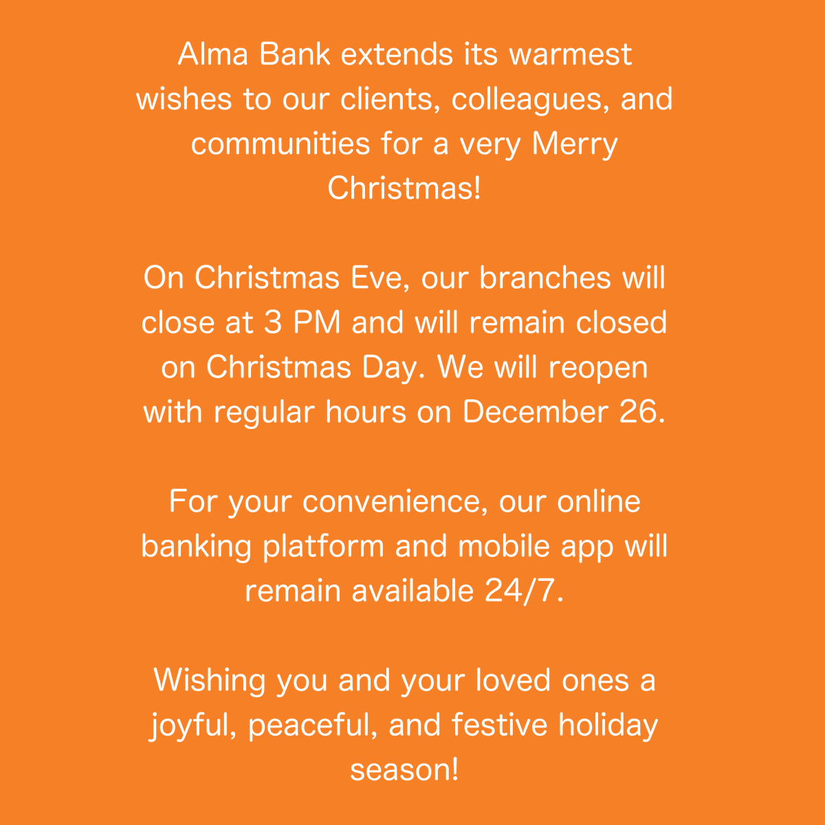 almabank's tweet photo. Alma Bank extends its warmest wishes to our clients, colleagues, and communities for a very Merry Christmas! https://t.co/7GZ29hK3Yd