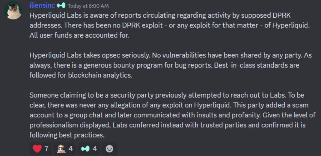 DegenerateNews's tweet photo. BREAKING: @HyperliquidX RESPONDS TO REPORTS CIRCULATING REGARDING ACTIVITY BY SUPPOSED DPRK ADDRESSES - “THERE HAS BEEN NO DPRK EXPLOIT - OR ANY EXPLOIT FOR THAT MATTER - OF HYPERLIQUID. ALL USER FUNDS ARE ACCOUNTED FOR” https://t.co/aoLcSb7pBd