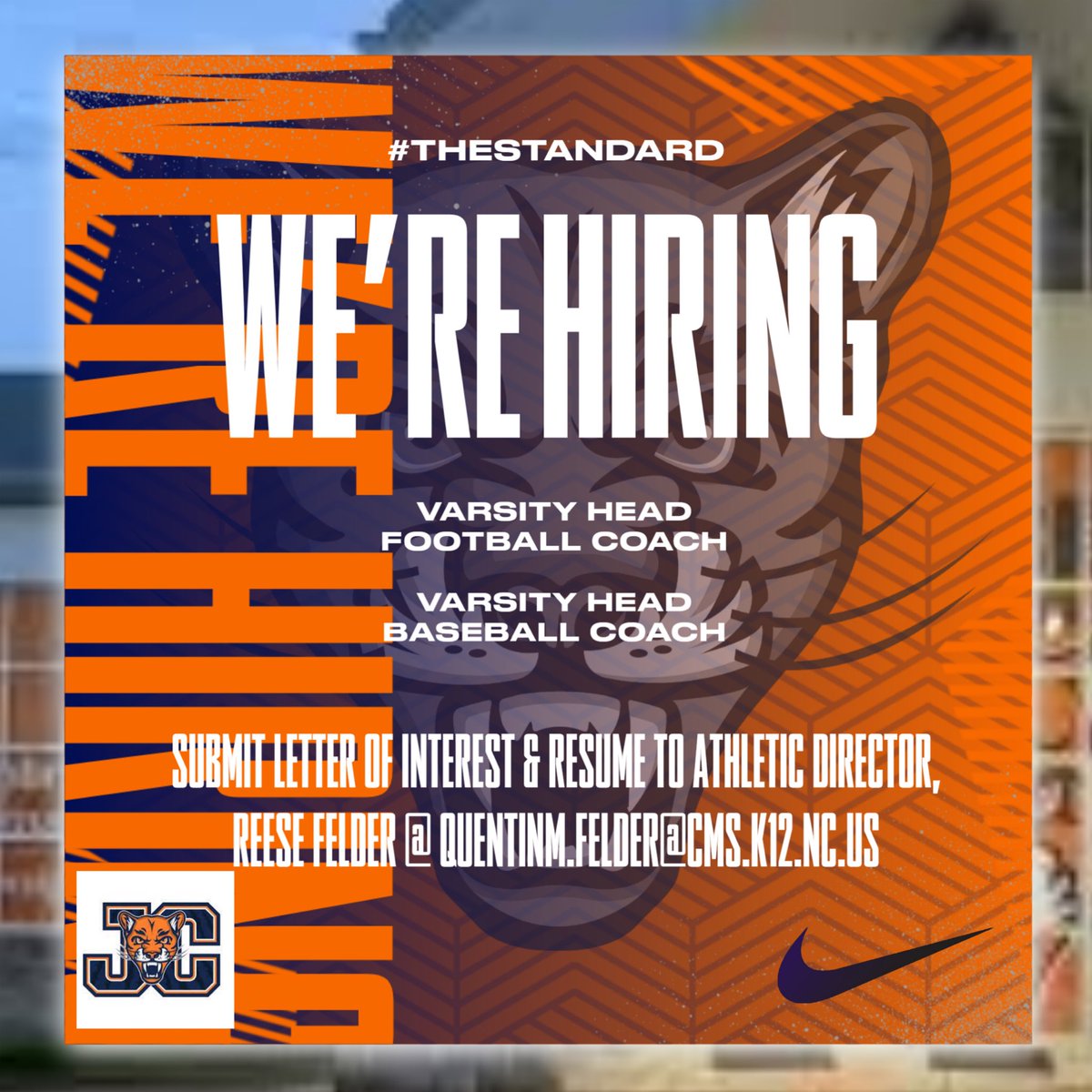 Julius L Chambers Cougars FB (@jccougarsfb) on Twitter photo Julius Chambers HS has openings for a Varsity Head Football Coach & Varsity Head Baseball Coach. All interest letters and resumes should be sent to quentinm.felder@cms.k12.nc.us.
#TheStandard Julius Chambers HS has openings for a Varsity Head Football Coach & Varsity Head Baseball Coach. All interest letters and resumes should be sent to quentinm.felder@cms.k12.nc.us.
#TheStandard