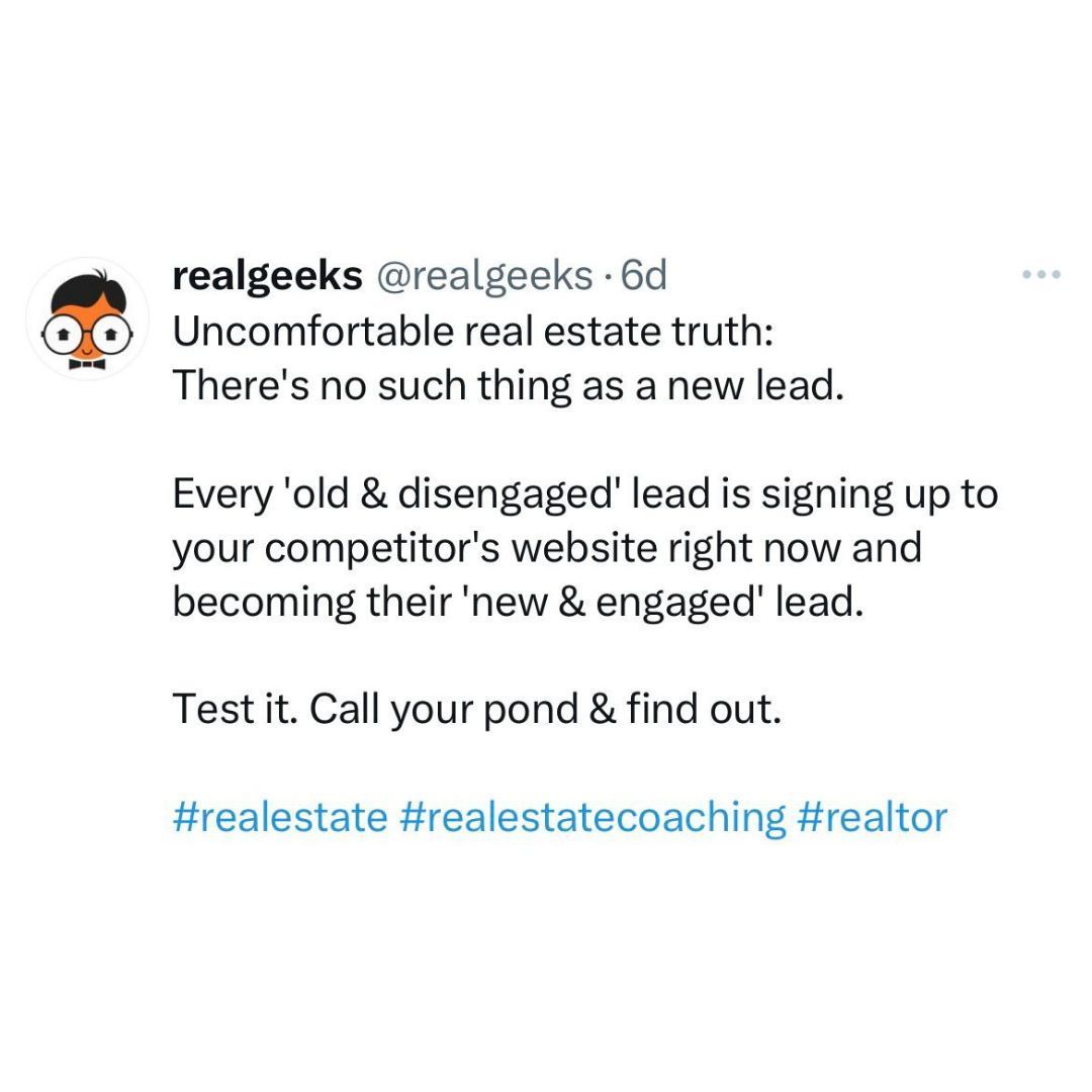 Make it a priority to call all your "pond" leads before the year ends.

Chances are you'll find out that many of them actually ended up buying this year, But they did it through a different agent.

#realestate #realestateguru #realestatecoach #realtor