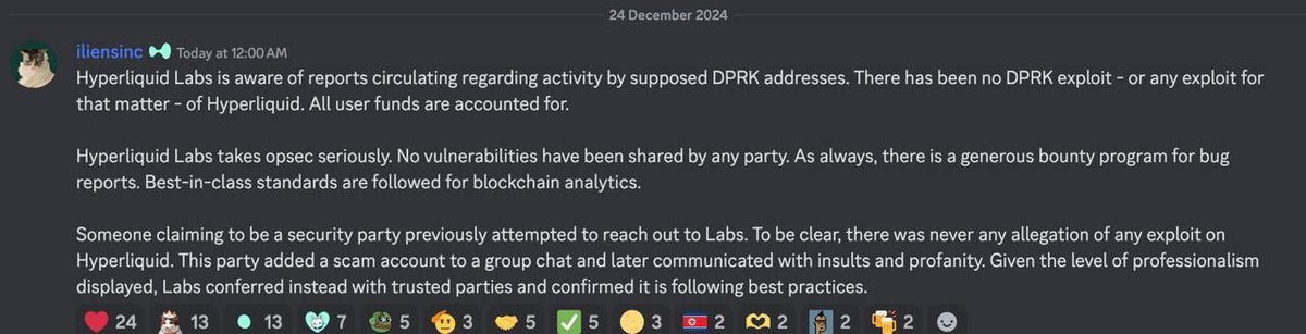 coinacademy_fr's tweet image. 🚨 Hyperliquid communique au sujet des inquiétudes liées à des hackers testant le protocole.

La team accuse la lanceuse d’alerte @tayvano_ d’avoir tenter d’ajouter un ‘compte d’arnaque’ aux conversations privées.
