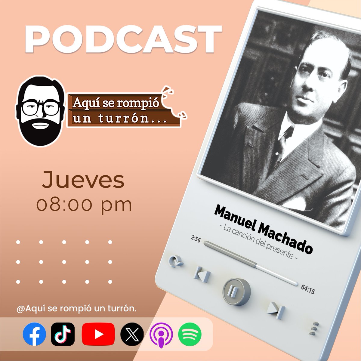 PodcastTurron's tweet photo. Jueves nuevo episodio, Manuel Machado, La canción del presente.
Gratis en:
Spotify:
https://t.co/HFu18tPetD
 Apple Podcast:
https://t.co/9SbpsZP1IA
YouTube:
https://t.co/5sd8SKDQSN
TikTok:
https://t.co/lkpiXgG1LB...
X:
https://t.co/E1mdNpGu0q
@PodcastTurrón https://t.co/nhFjGWtgsL