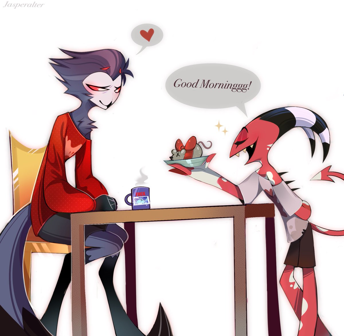 jasperalterr's tweet photo. Only took him 2 hours n loonas help
(he’s trying) ❤️‍🩹🦎
.
#HelluvaBoss #Blitzø #stolas #Stolitz https://t.co/lcVNAr1dQx